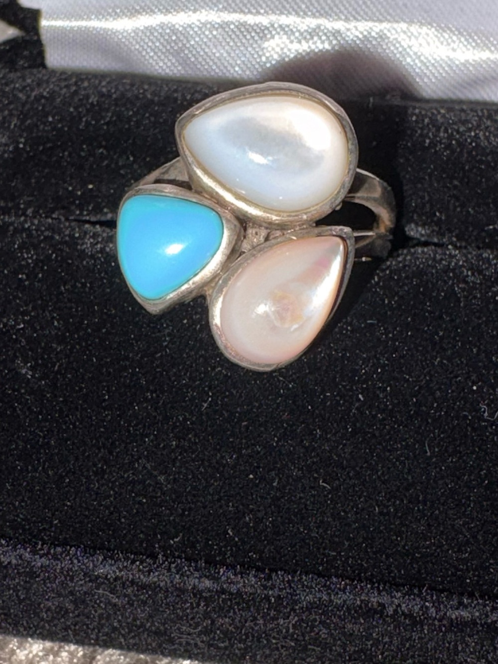 Pure 925 Sterling Silver Turquoise and White Opal Three-Stone Ring - Picture 8 of 8